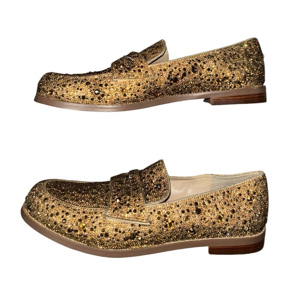 Blue by Betsey Johnson Sz 9M Aron Gold Rhinestone Loafers Flats Glass Crystals - Picture 3 of 13